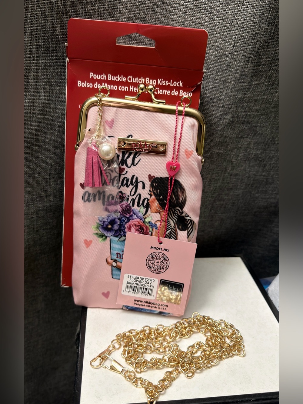 Nicole Lee Pink Floral Kiss-Lock Clutch with Tassel & Heart Charm